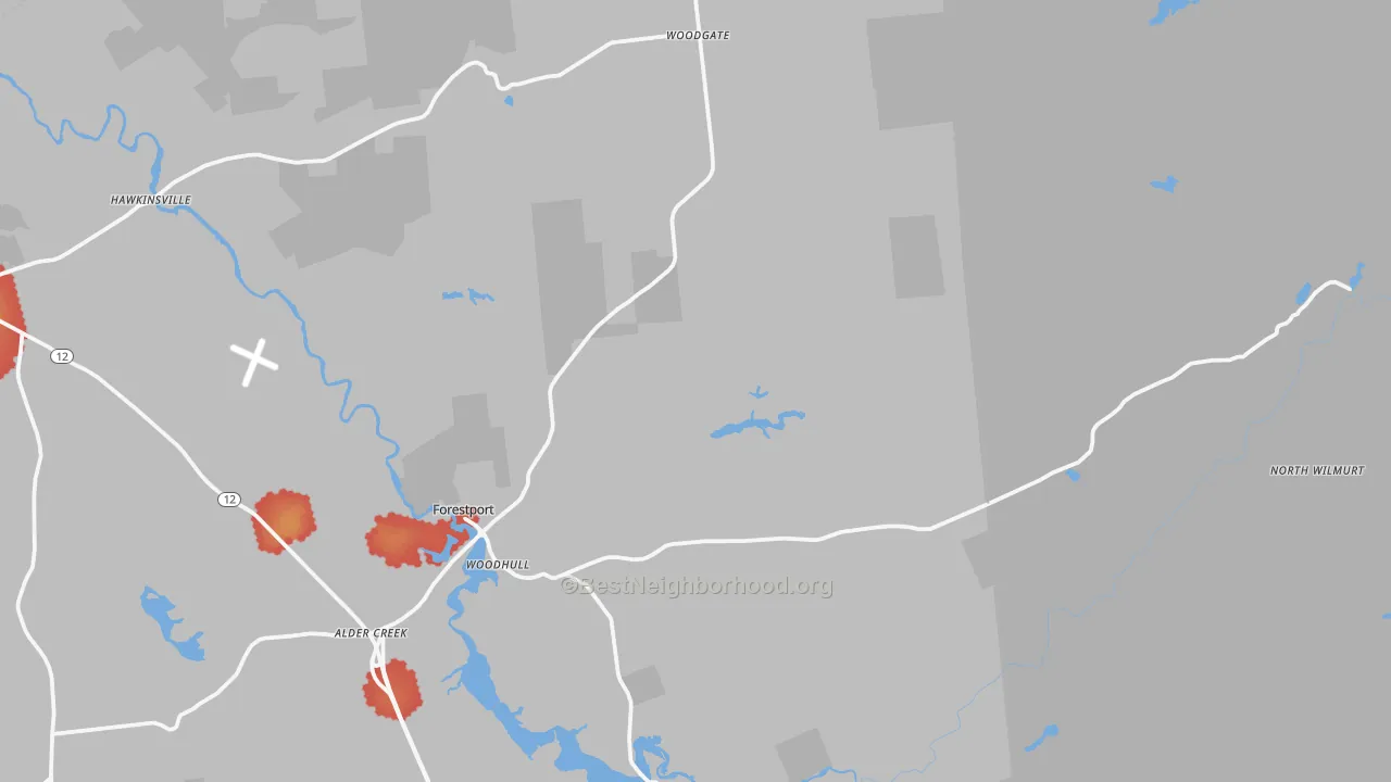 Walk Grade map of 13338, NY, walkable areas in green and car-dependent areas in red
