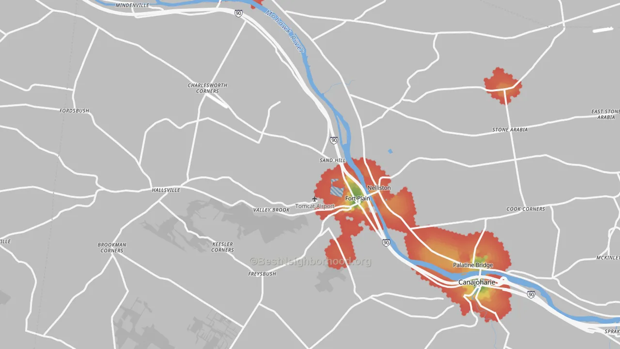 Walk Grade map of 13339, NY, walkable areas in green and car-dependent areas in red