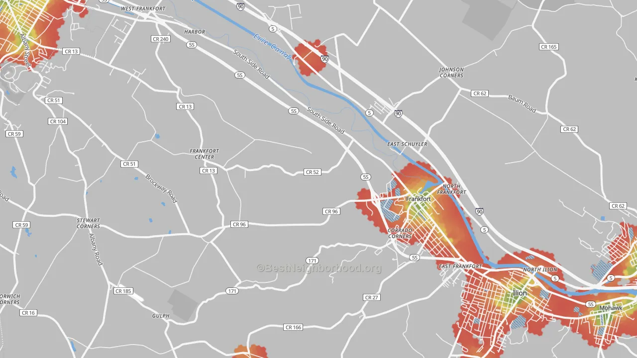 Walk Grade map of 13340, NY, walkable areas in green and car-dependent areas in red