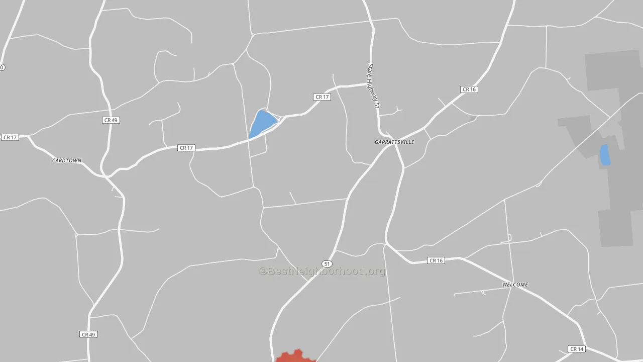 Walk Grade map of 13342, NY, walkable areas in green and car-dependent areas in red