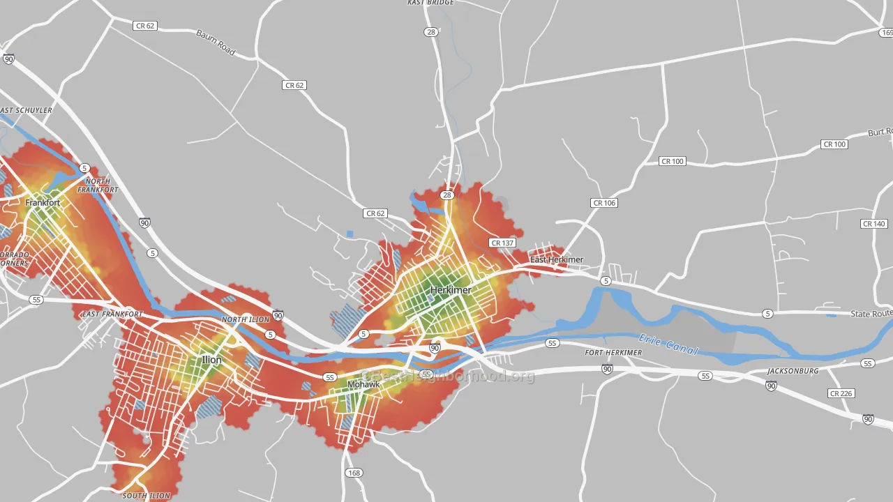 Walk Grade map of 13350, NY, walkable areas in green and car-dependent areas in red