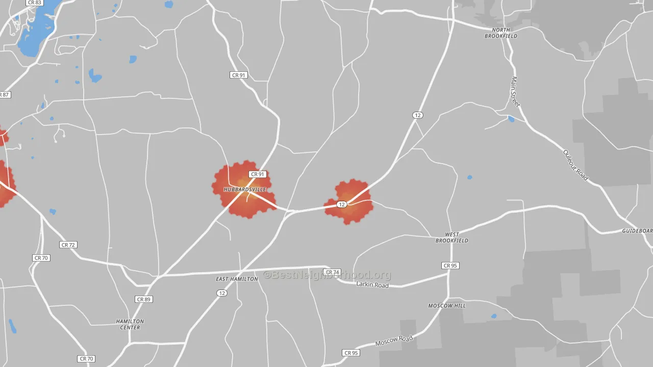 Walk Grade map of 13355, NY, walkable areas in green and car-dependent areas in red