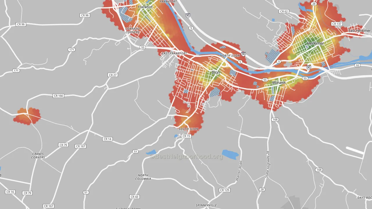 Walk Grade map of 13357, NY, walkable areas in green and car-dependent areas in red
