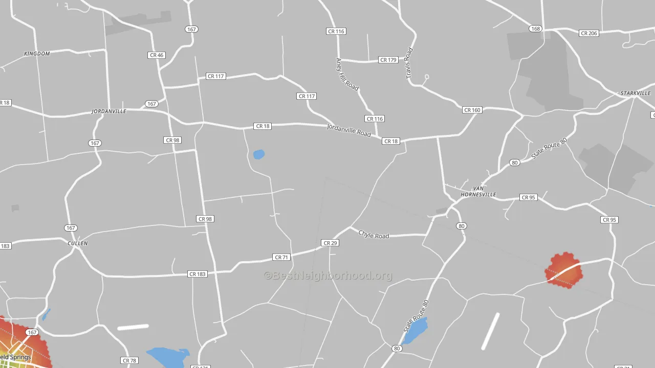 Walk Grade map of 13361, NY, walkable areas in green and car-dependent areas in red