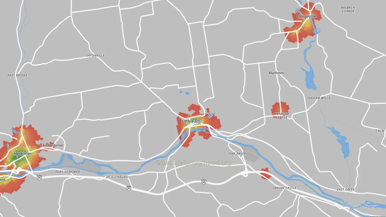 Walk Grade map of 13365, NY, walkable areas in green and car-dependent areas in red