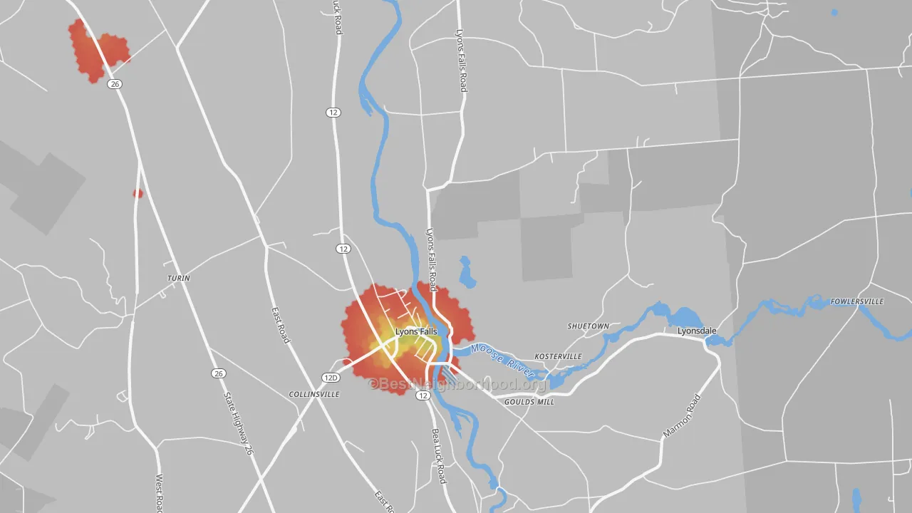 Walk Grade map of 13368, NY, walkable areas in green and car-dependent areas in red