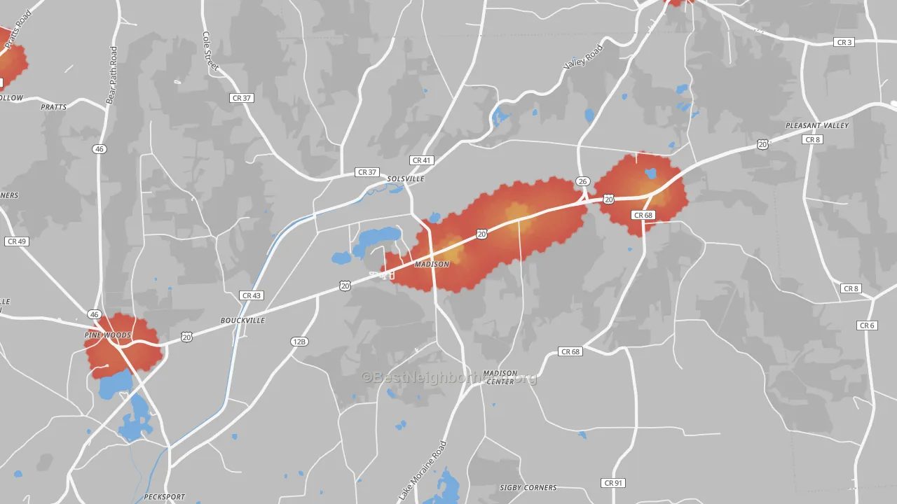 Walk Grade map of 13402, NY, walkable areas in green and car-dependent areas in red