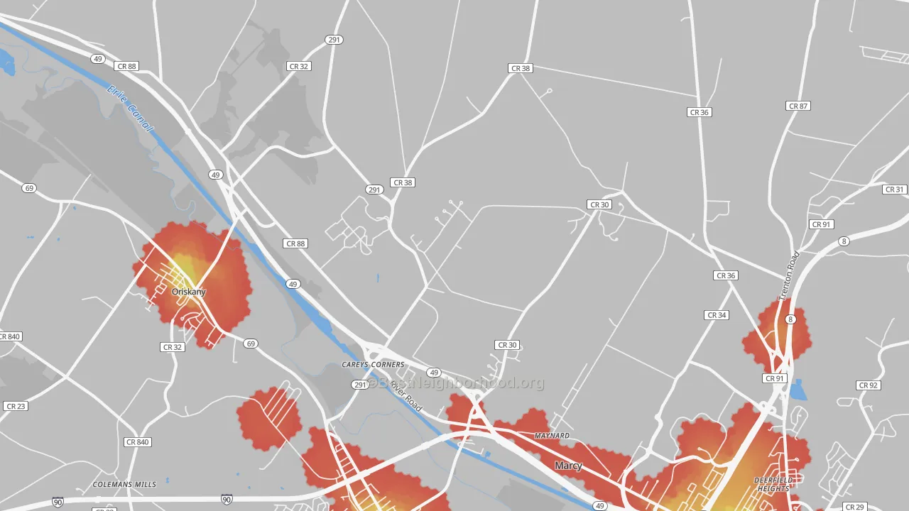 Walk Grade map of 13403, NY, walkable areas in green and car-dependent areas in red