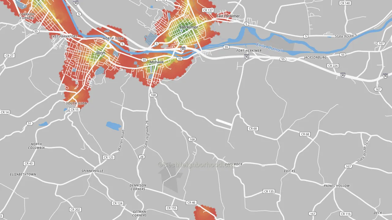 Walk Grade map of 13407, NY, walkable areas in green and car-dependent areas in red