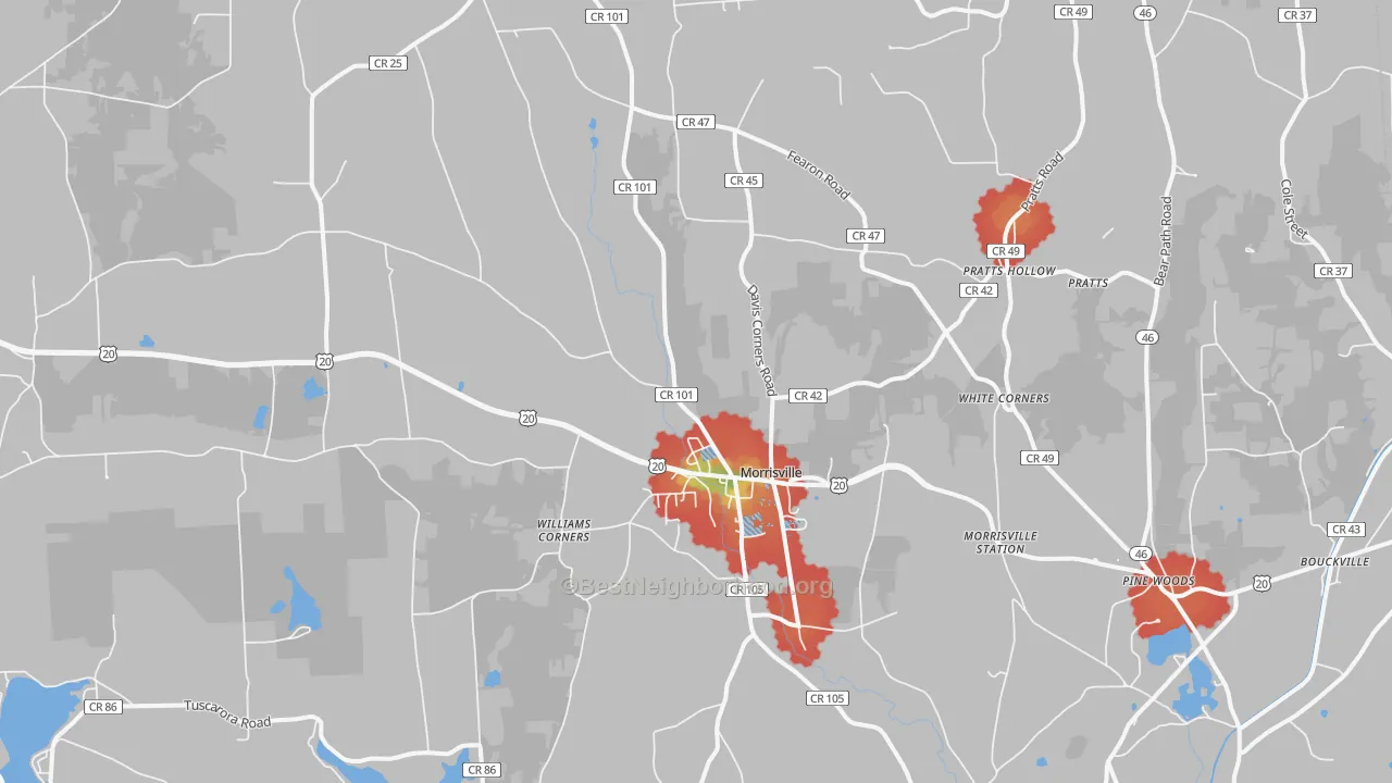 Walk Grade map of 13408, NY, walkable areas in green and car-dependent areas in red