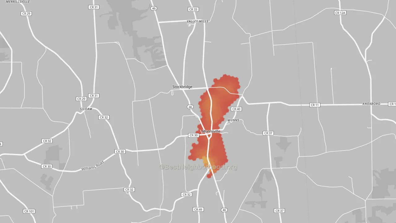 Walk Grade map of 13409, NY, walkable areas in green and car-dependent areas in red