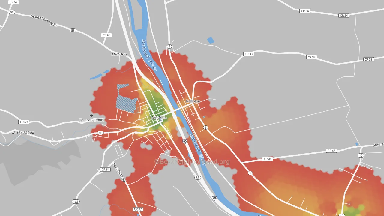 Walk Grade map of 13410, NY, walkable areas in green and car-dependent areas in red