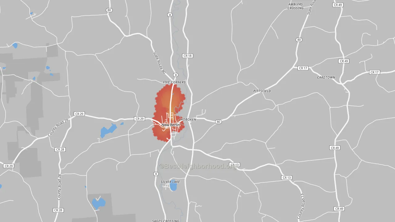 Walk Grade map of 13411, NY, walkable areas in green and car-dependent areas in red
