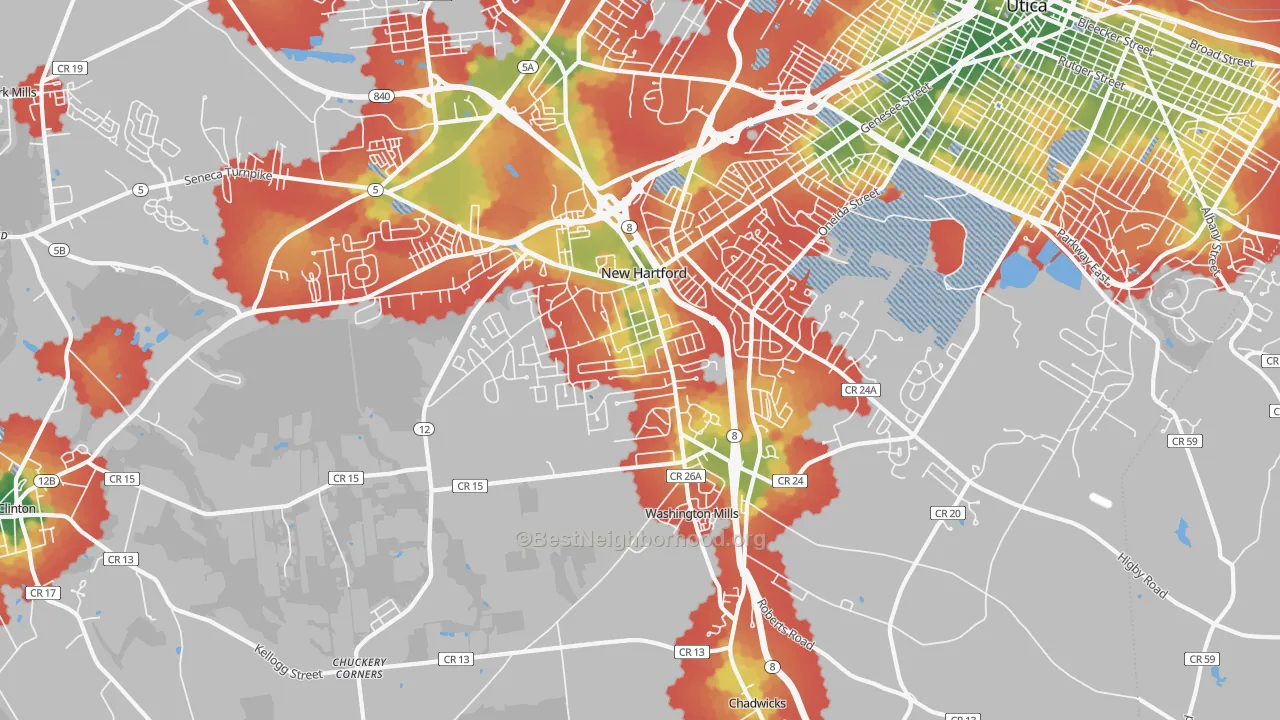 Walk Grade map of 13413, NY, walkable areas in green and car-dependent areas in red