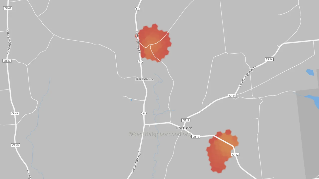 Walk Grade map of 13415, NY, walkable areas in green and car-dependent areas in red