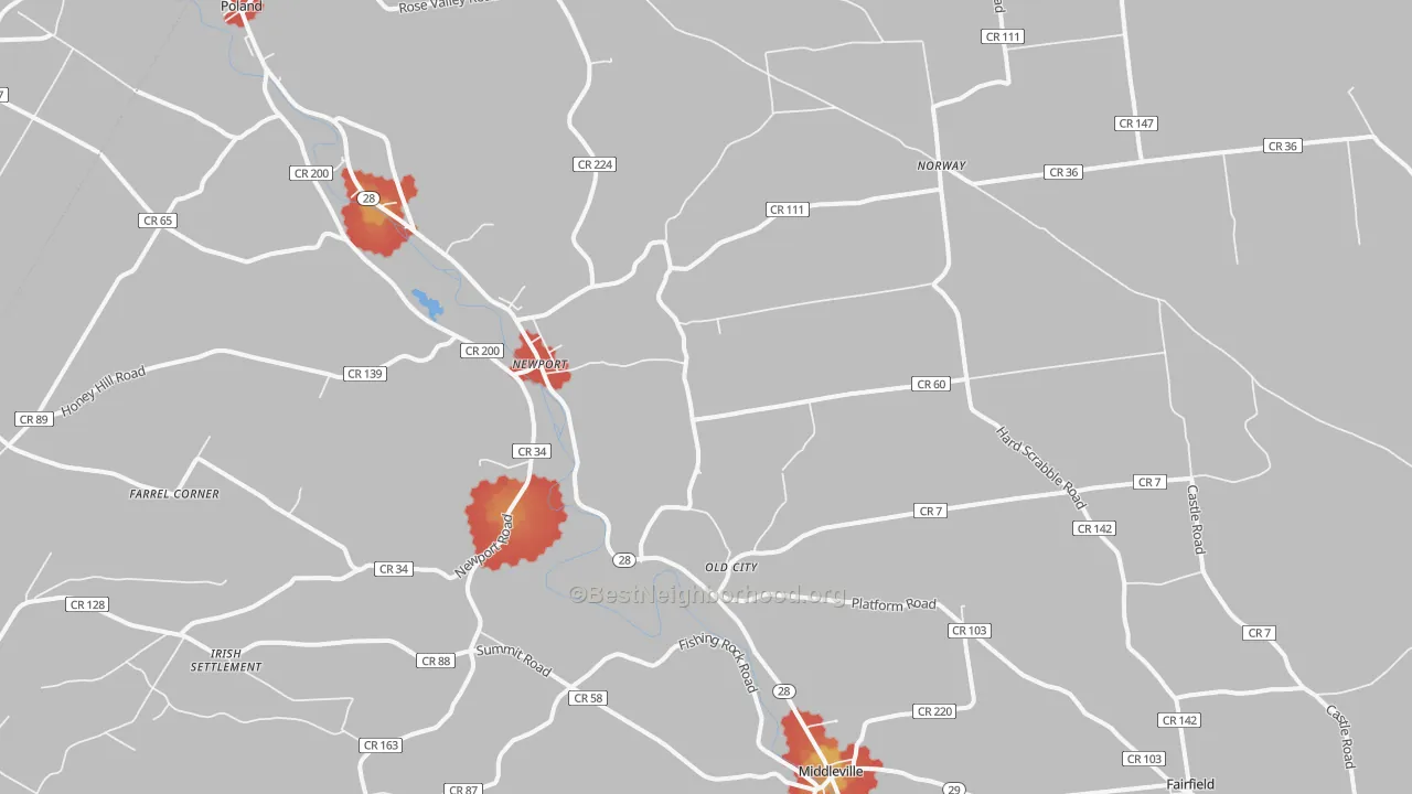 Walk Grade map of 13416, NY, walkable areas in green and car-dependent areas in red