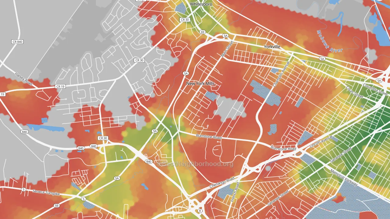 Walk Grade map of 13417, NY, walkable areas in green and car-dependent areas in red