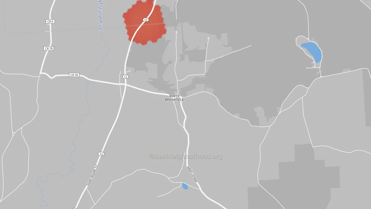 Walk Grade map of 13418, NY, walkable areas in green and car-dependent areas in red