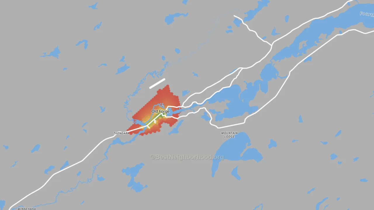 Walk Grade map of 13420, NY, walkable areas in green and car-dependent areas in red