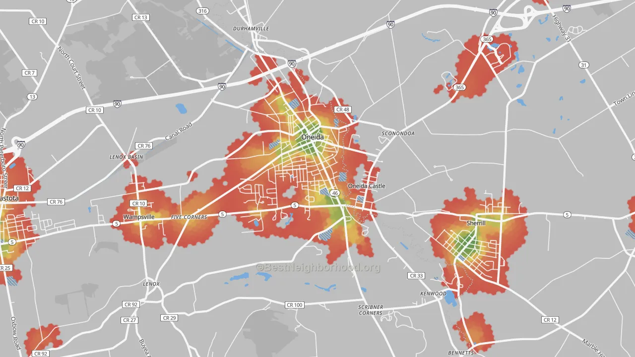 Walk Grade map of 13421, NY, walkable areas in green and car-dependent areas in red