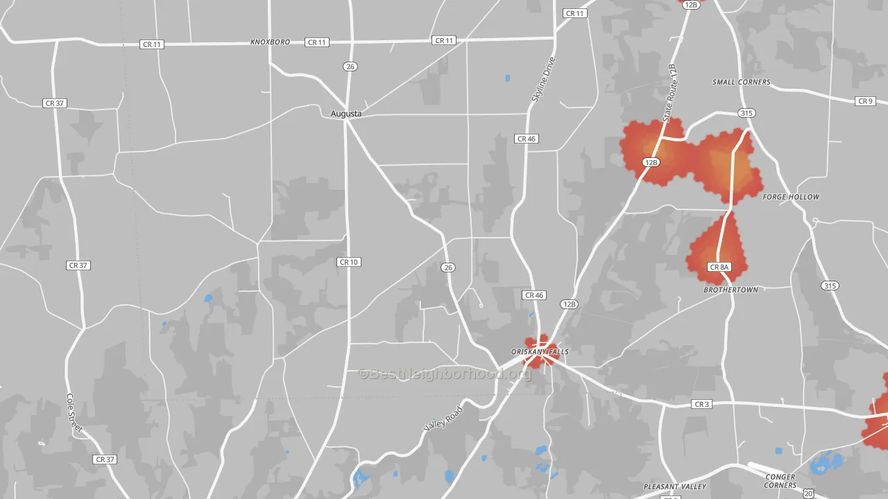 Walk Grade map of 13425, NY, walkable areas in green and car-dependent areas in red