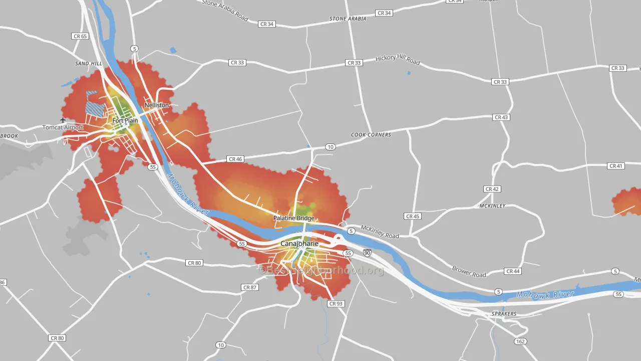 Walk Grade map of 13428, NY, walkable areas in green and car-dependent areas in red