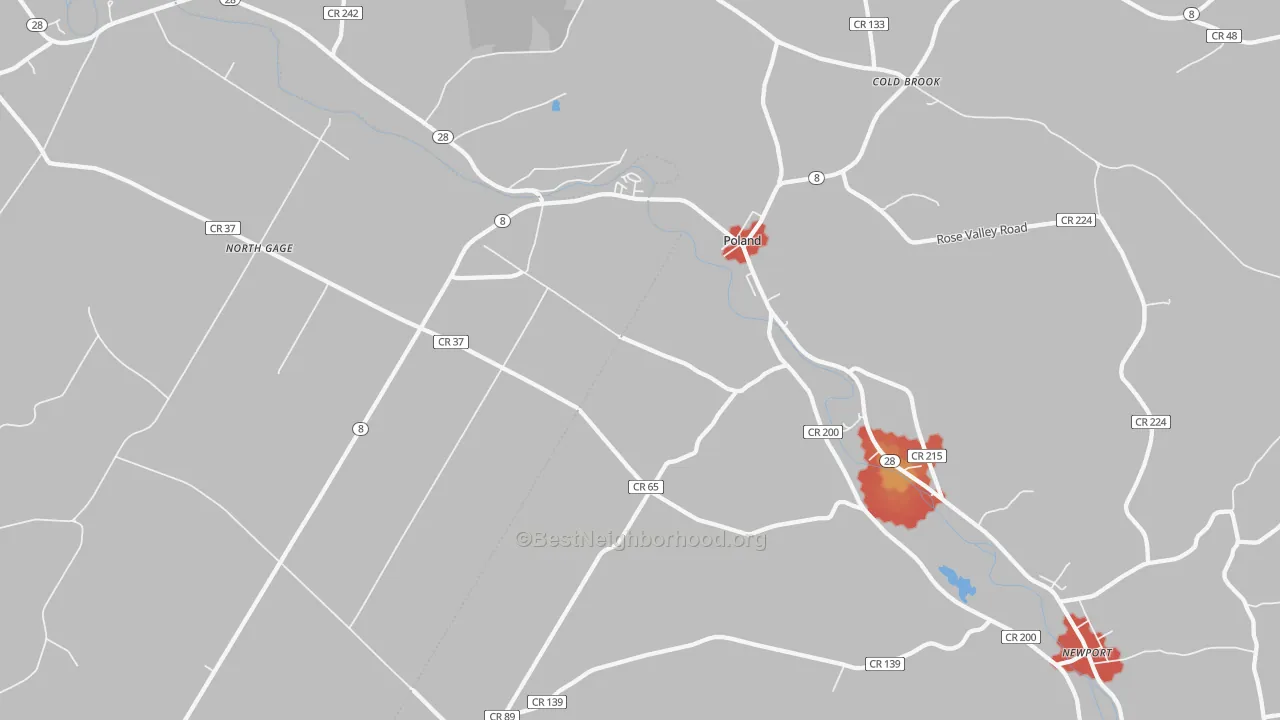 Walk Grade map of 13431, NY, walkable areas in green and car-dependent areas in red
