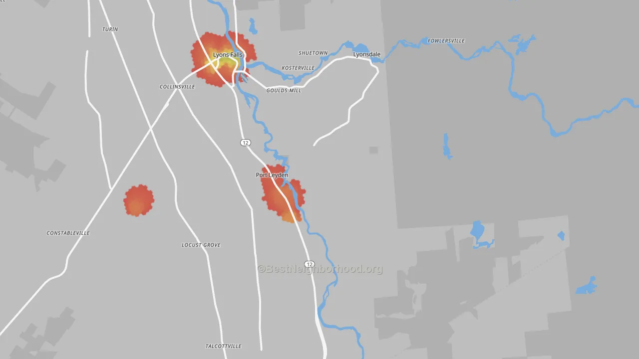 Walk Grade map of 13433, NY, walkable areas in green and car-dependent areas in red