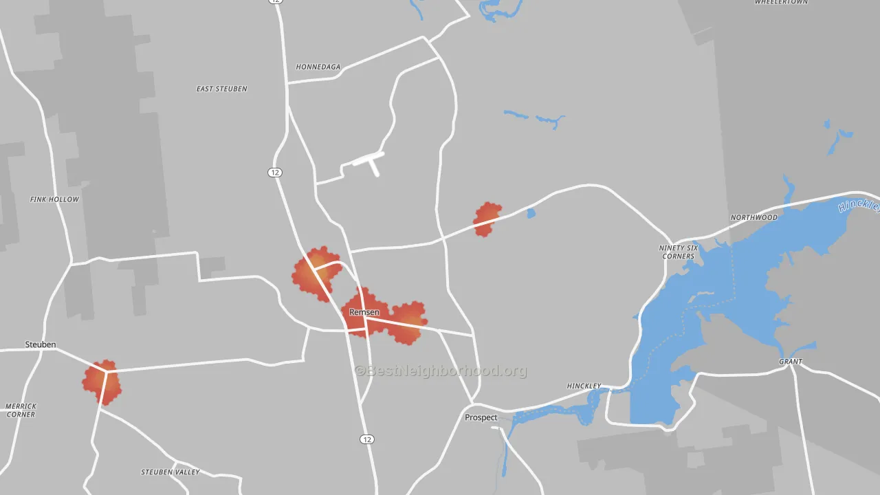 Walk Grade map of 13438, NY, walkable areas in green and car-dependent areas in red
