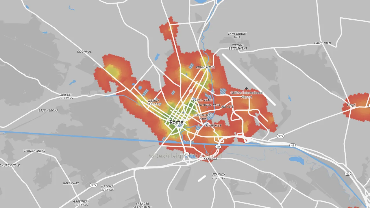 Walk Grade map of 13440, NY, walkable areas in green and car-dependent areas in red