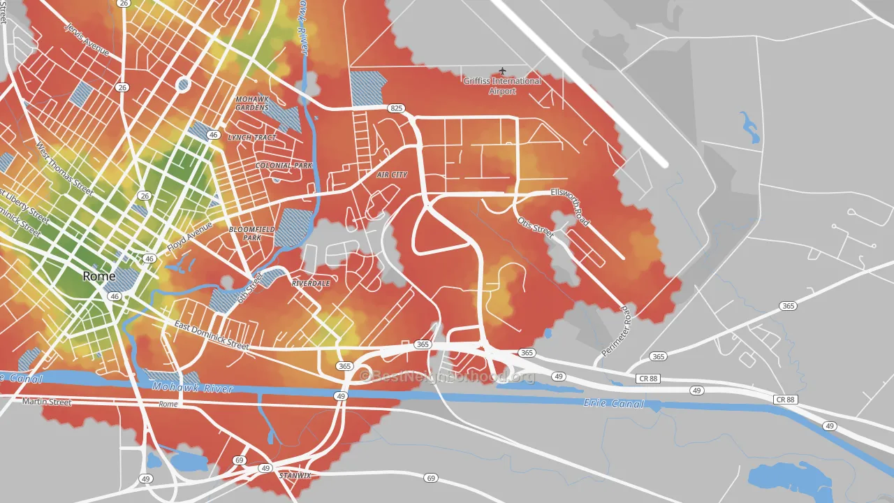 Walk Grade map of 13441, NY, walkable areas in green and car-dependent areas in red