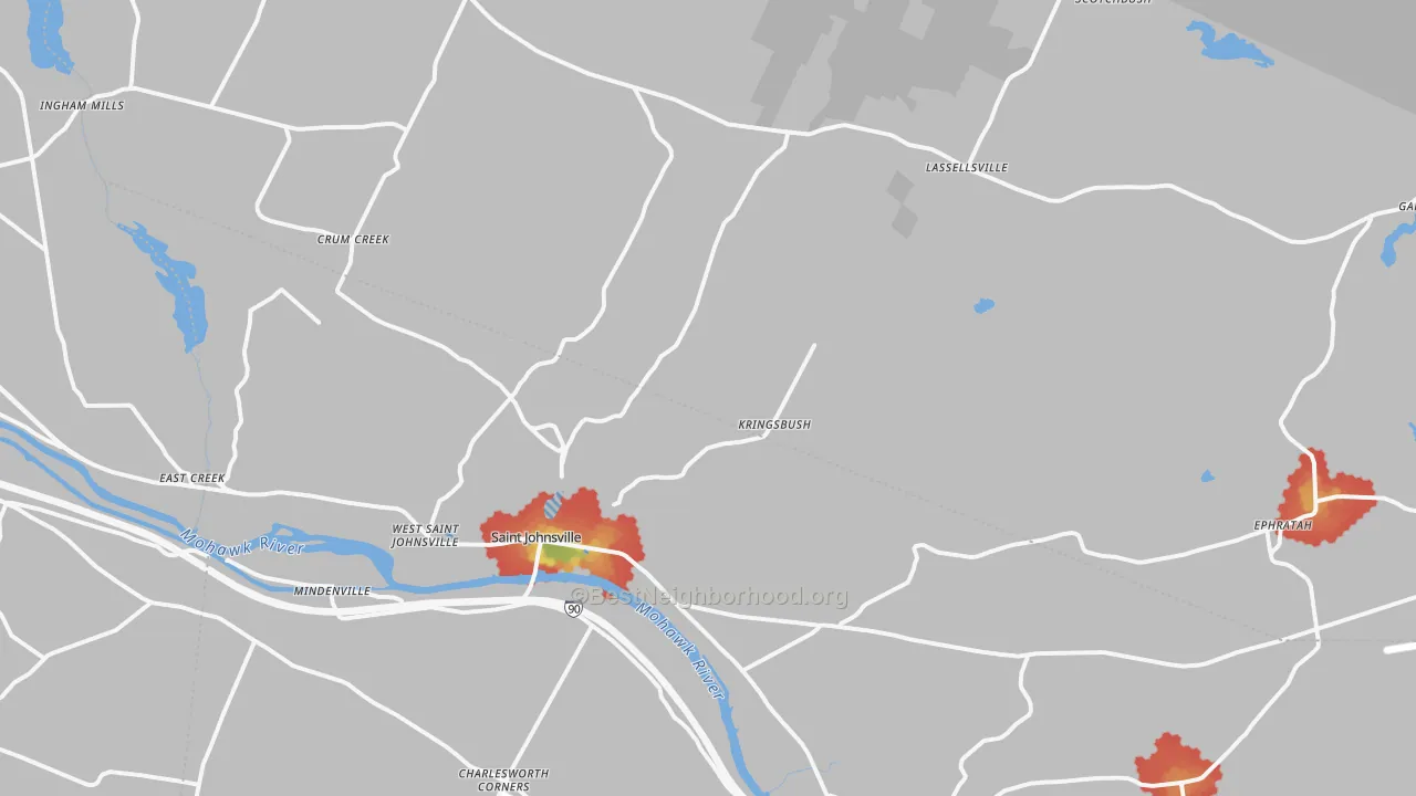 Walk Grade map of 13452, NY, walkable areas in green and car-dependent areas in red