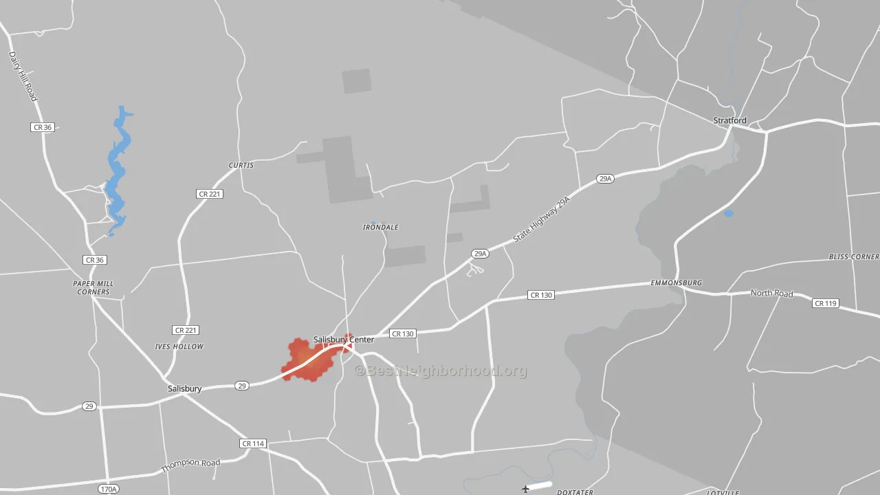 Walk Grade map of 13454, NY, walkable areas in green and car-dependent areas in red