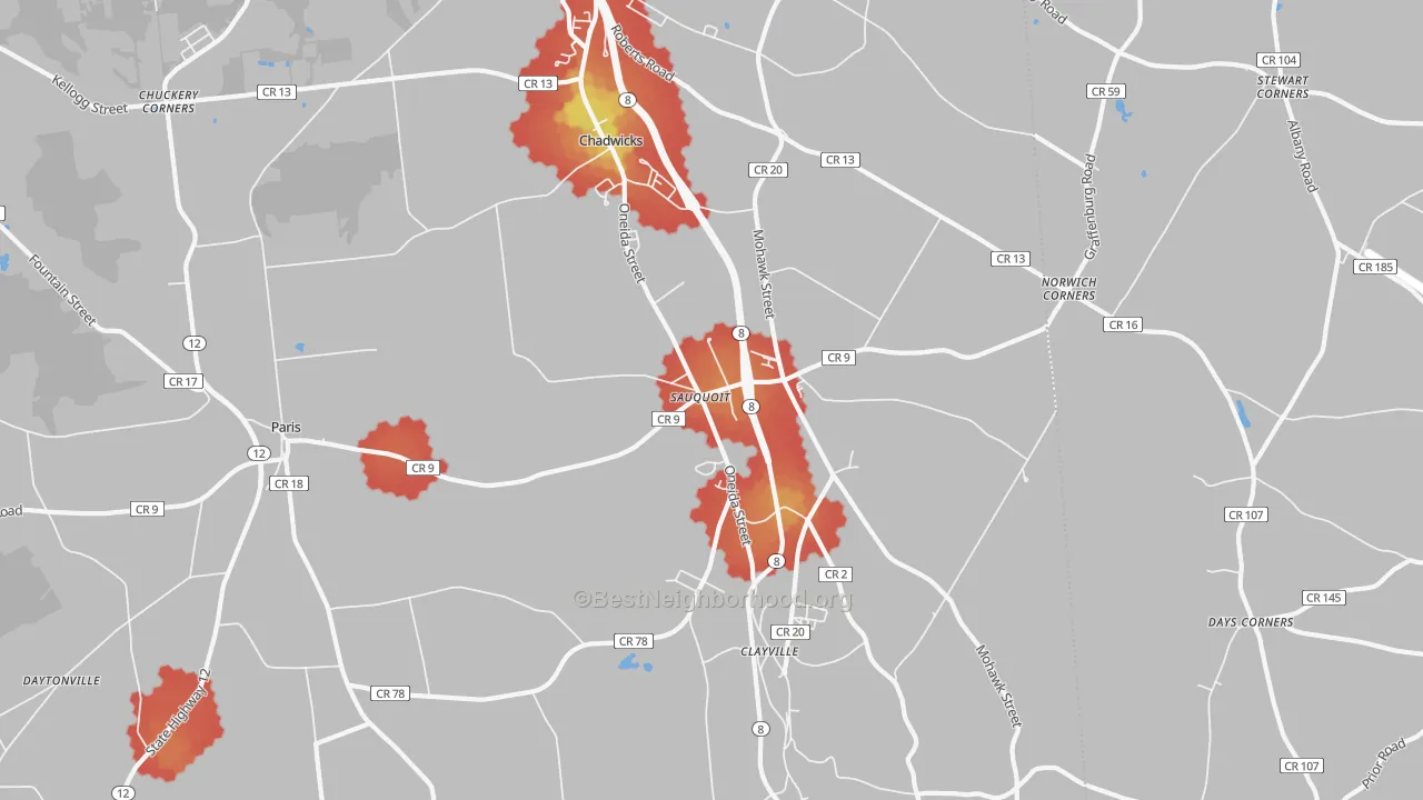 Walk Grade map of 13456, NY, walkable areas in green and car-dependent areas in red