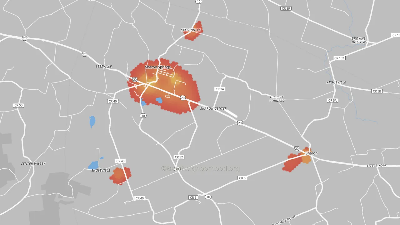 Walk Grade map of 13459, NY, walkable areas in green and car-dependent areas in red