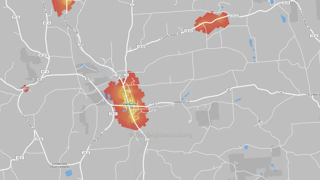 Walk Grade map of 13460, NY, walkable areas in green and car-dependent areas in red