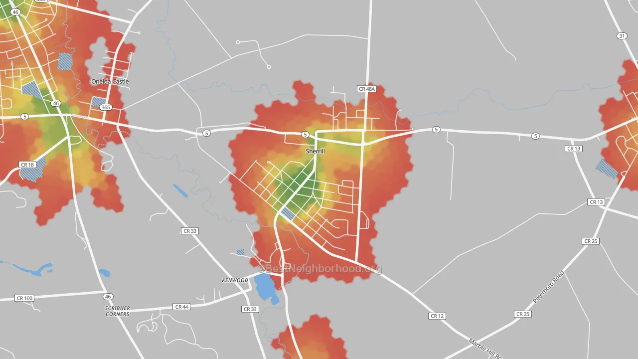 Walk Grade map of 13461, NY, walkable areas in green and car-dependent areas in red