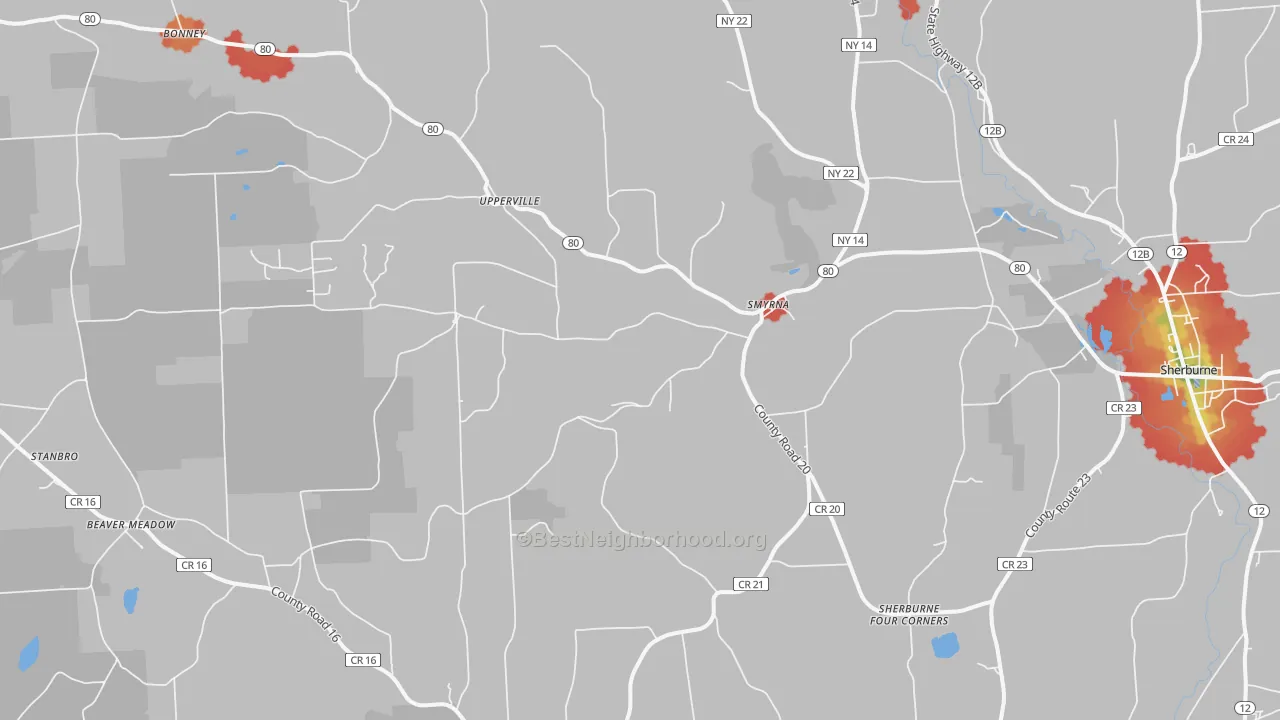 Walk Grade map of 13464, NY, walkable areas in green and car-dependent areas in red