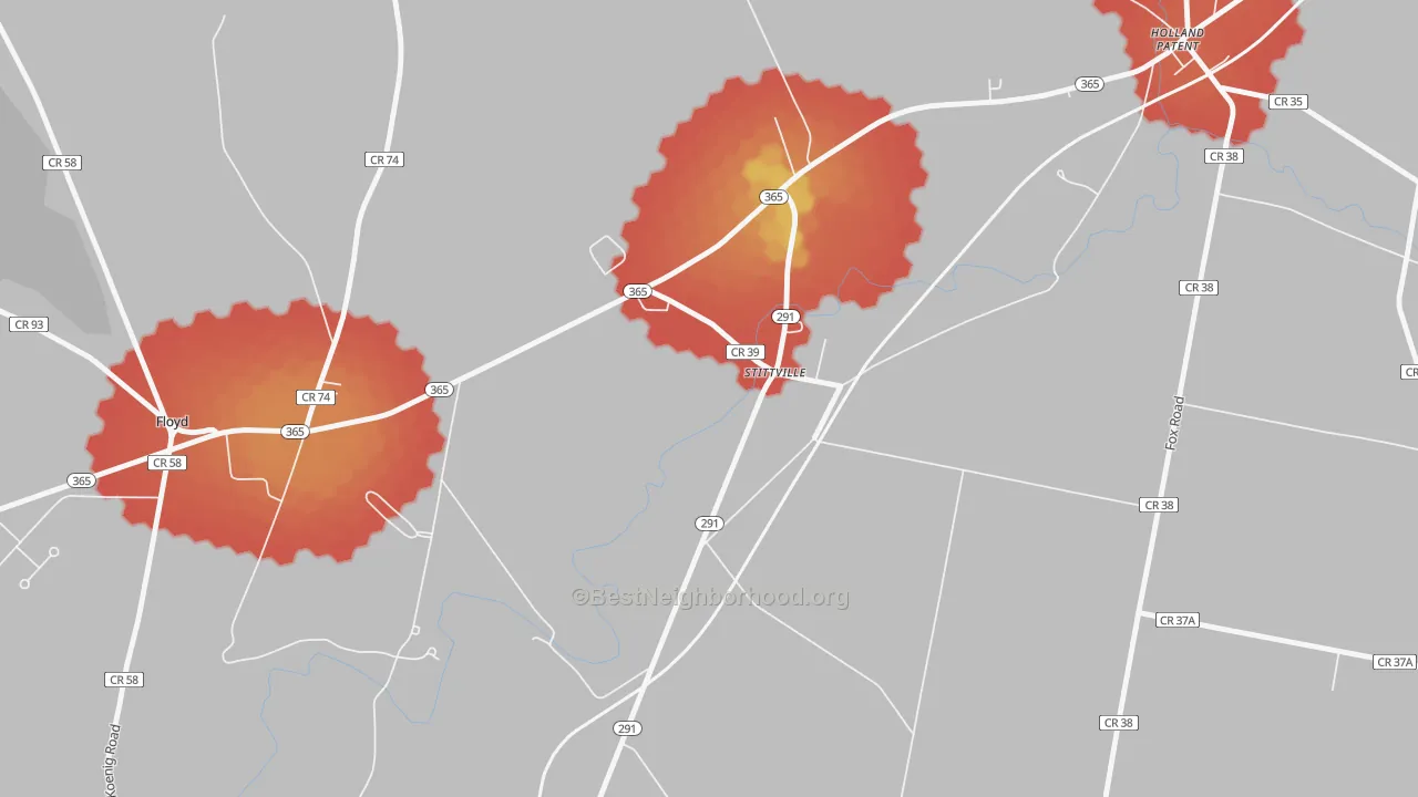 Walk Grade map of 13469, NY, walkable areas in green and car-dependent areas in red