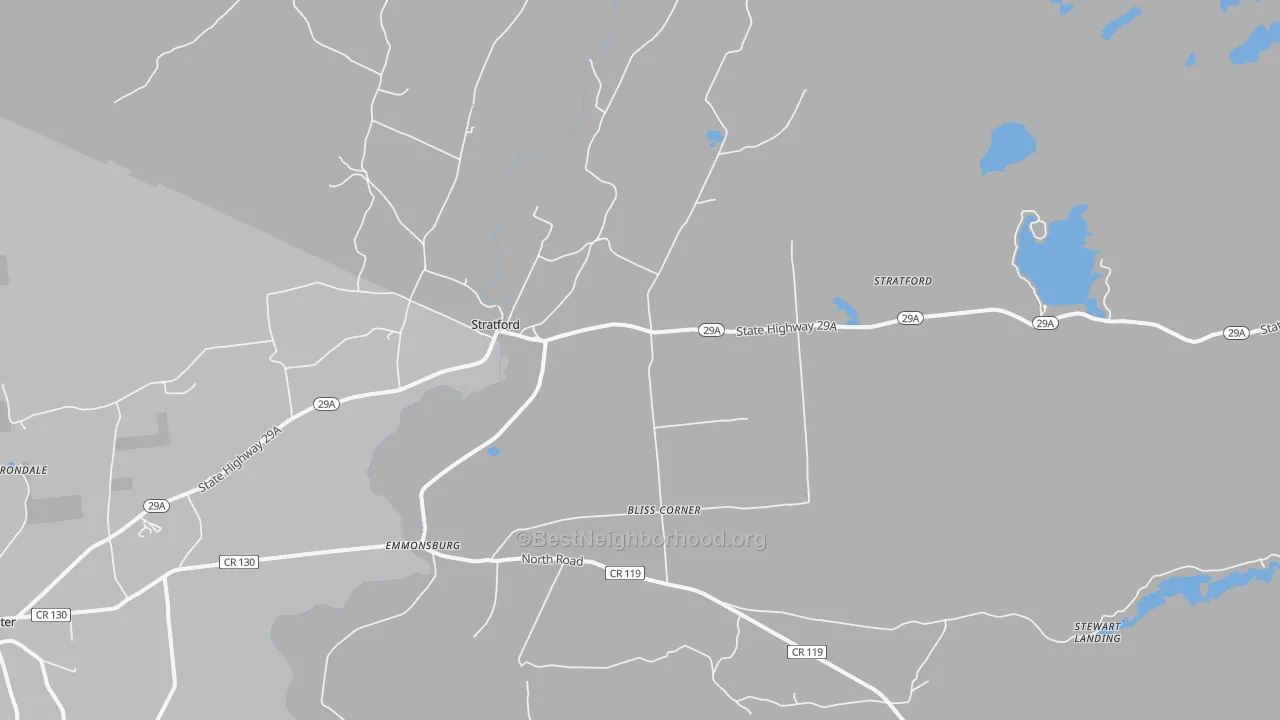 Walk Grade map of 13470, NY, walkable areas in green and car-dependent areas in red