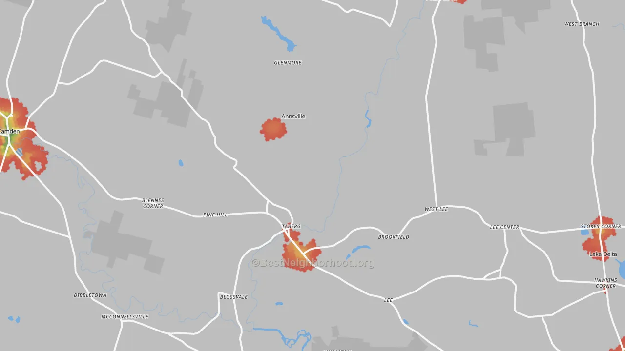Walk Grade map of 13471, NY, walkable areas in green and car-dependent areas in red
