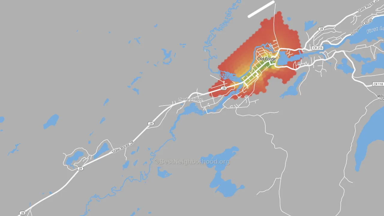 Walk Grade map of 13472, NY, walkable areas in green and car-dependent areas in red
