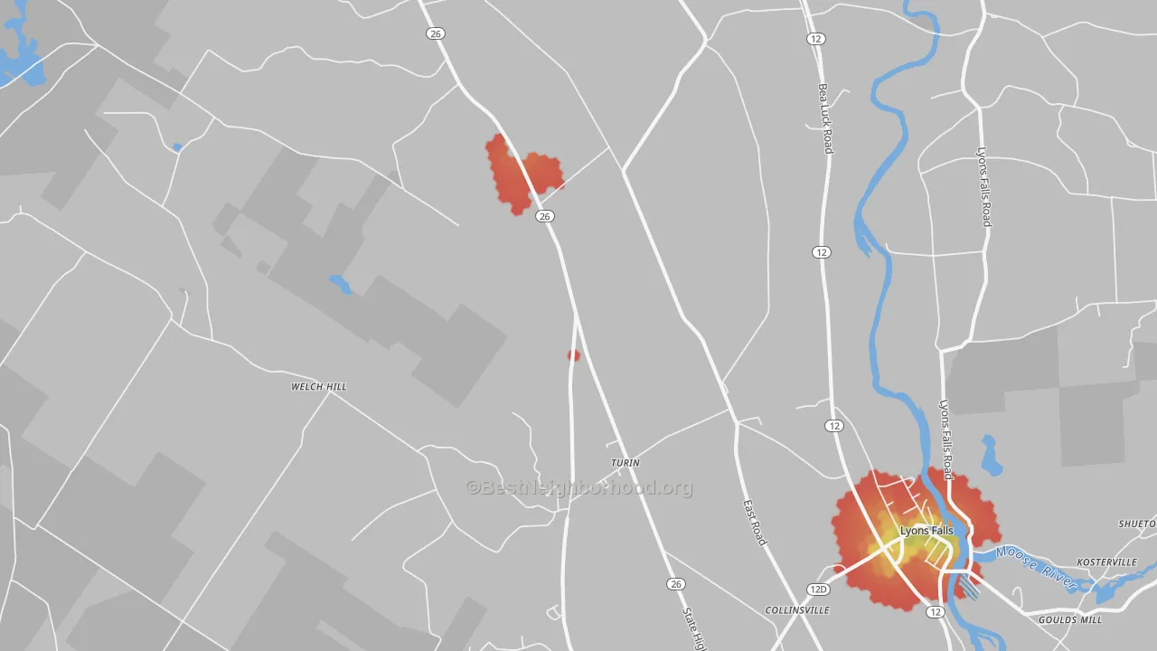 Walk Grade map of 13473, NY, walkable areas in green and car-dependent areas in red