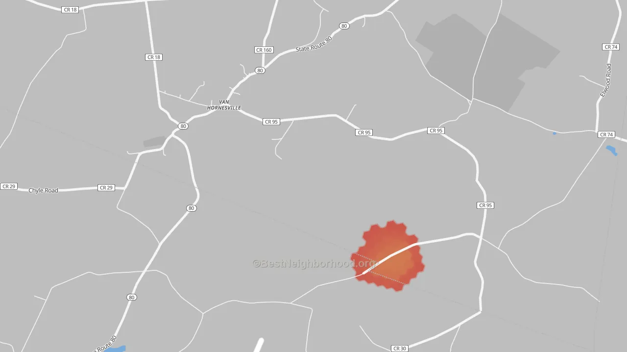 Walk Grade map of 13475, NY, walkable areas in green and car-dependent areas in red