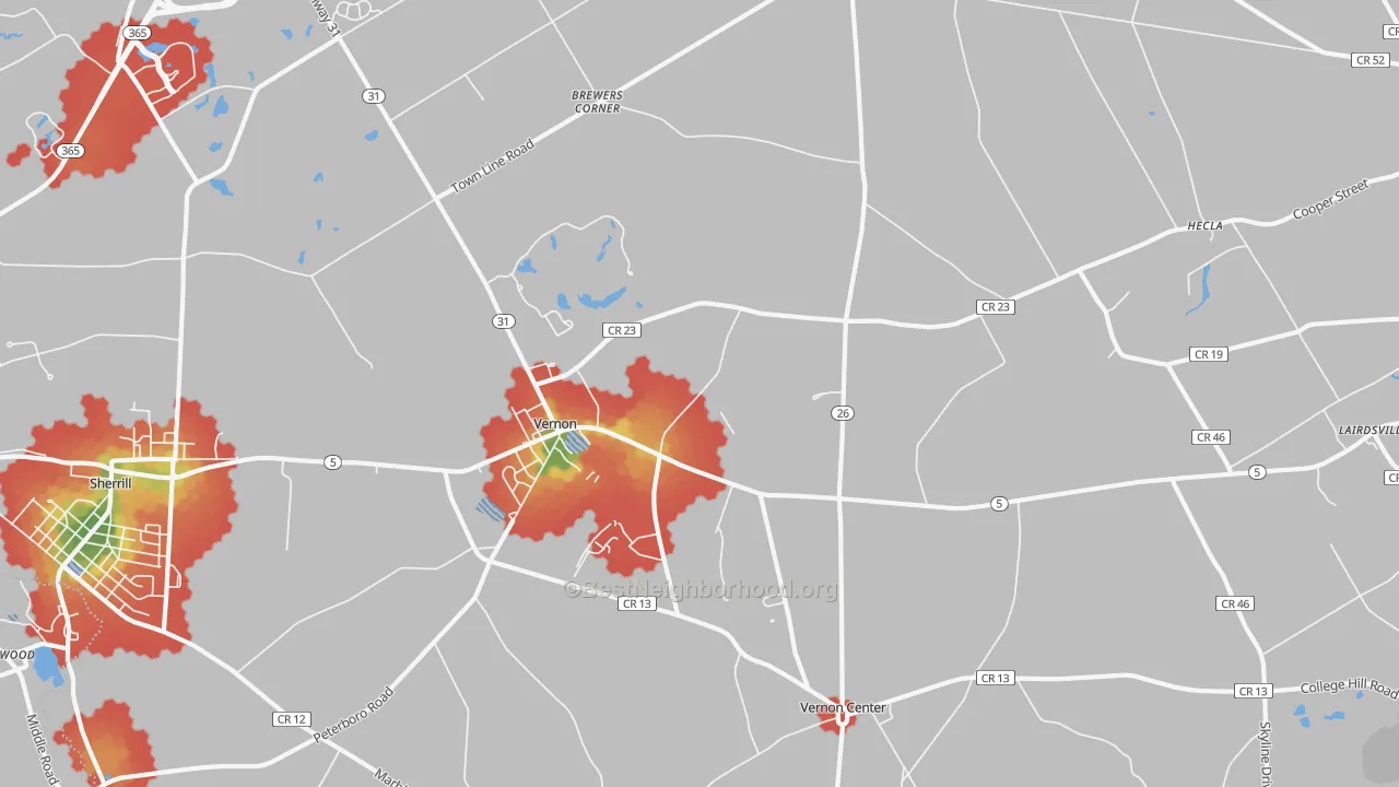 Walk Grade map of 13476, NY, walkable areas in green and car-dependent areas in red