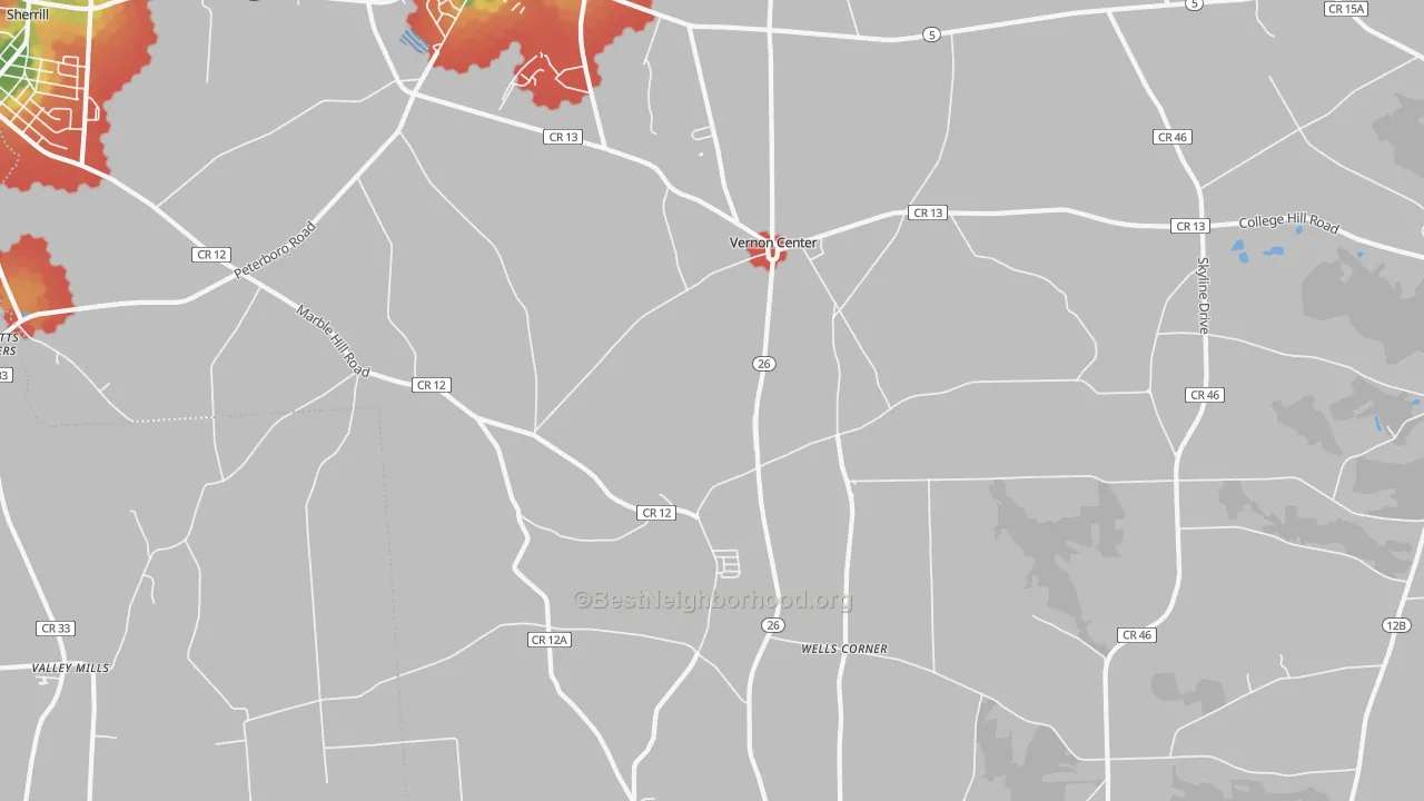 Walk Grade map of 13477, NY, walkable areas in green and car-dependent areas in red