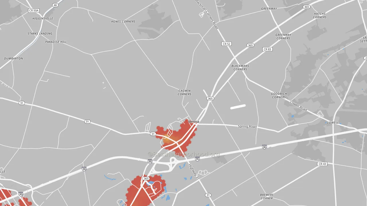 Walk Grade map of 13478, NY, walkable areas in green and car-dependent areas in red