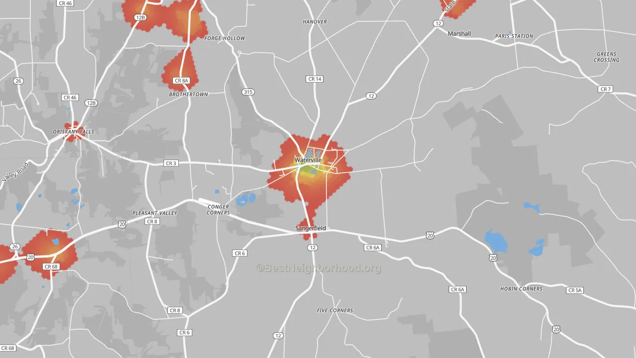 Walk Grade map of 13480, NY, walkable areas in green and car-dependent areas in red