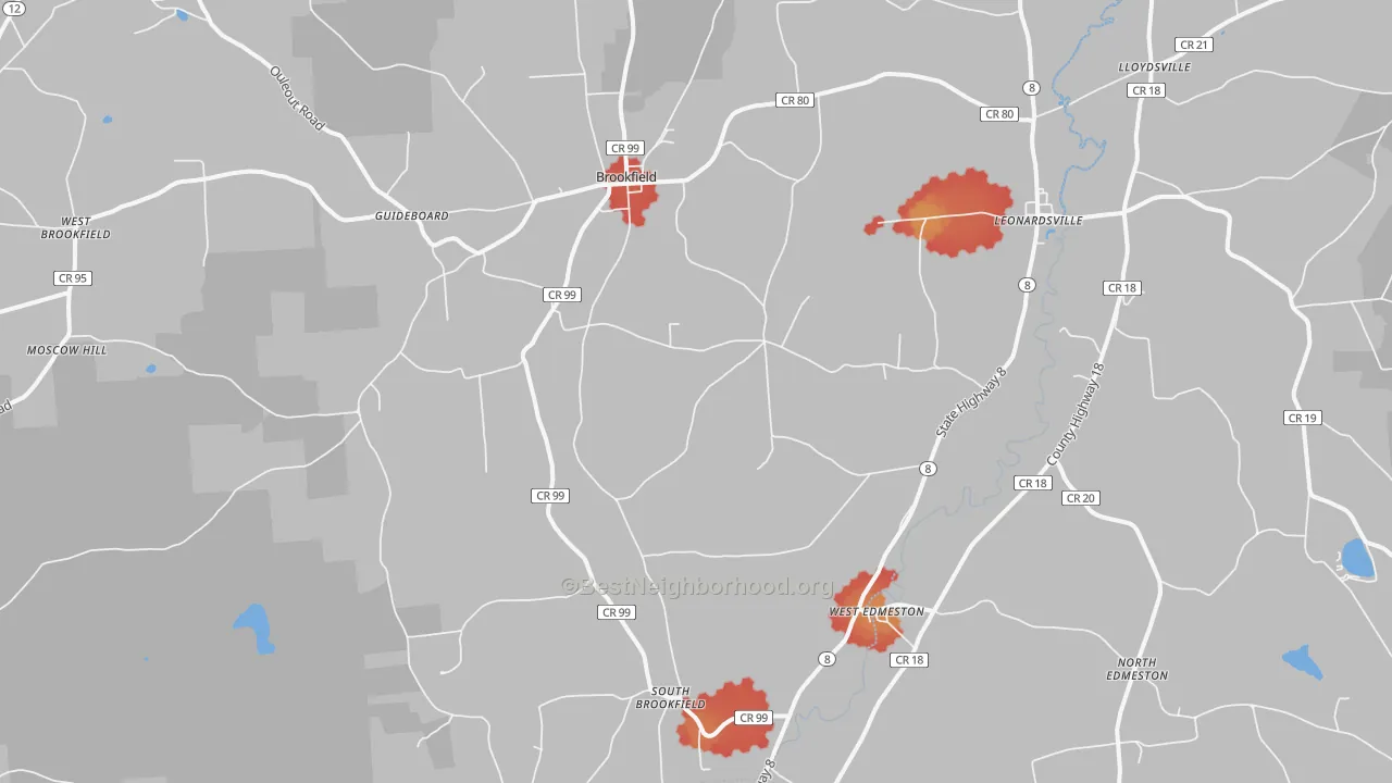 Walk Grade map of 13485, NY, walkable areas in green and car-dependent areas in red