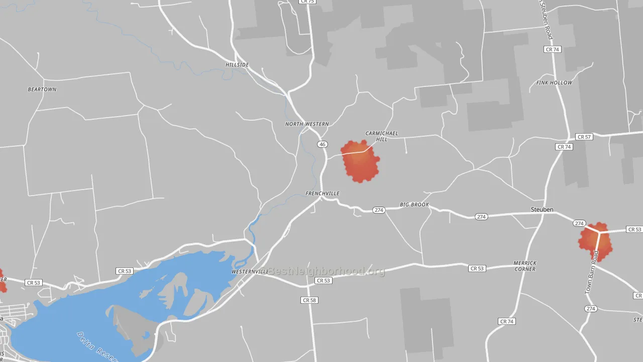Walk Grade map of 13486, NY, walkable areas in green and car-dependent areas in red